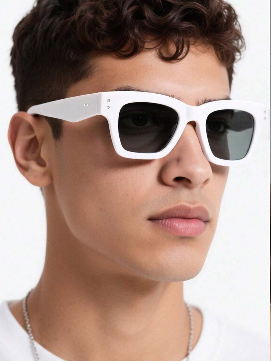 1pc Men's Casual Street Style Square Frame White Full-Frame Fashion Fashion Glasses, Suitable For Vacation, Family Outing, Driving