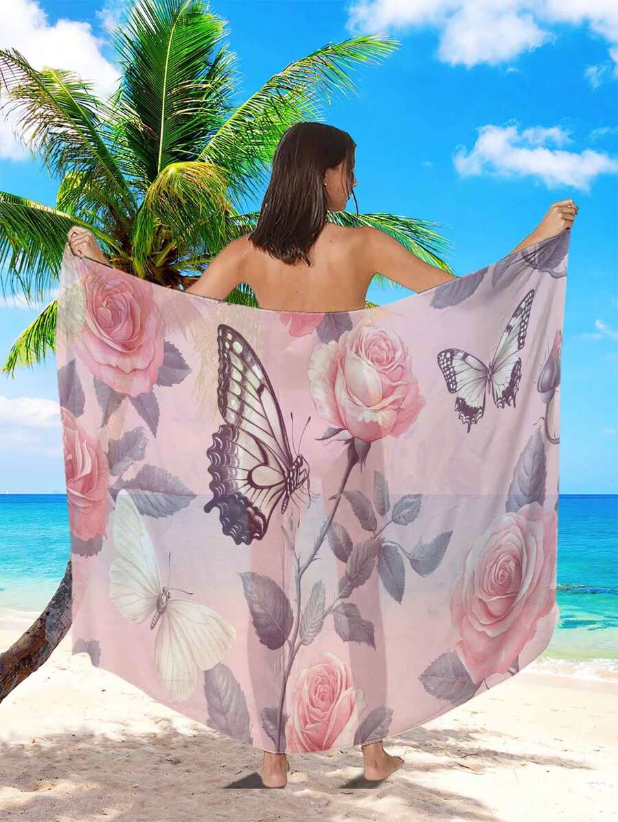 1pc Butterfly & Flower Print Beach Shawl, Decorative Beach Wrap, Swimsuit Cover Up, Semi-Transparent Elegant Multifunctional Beach Dress, Chiffon Material, For Beach Shirt