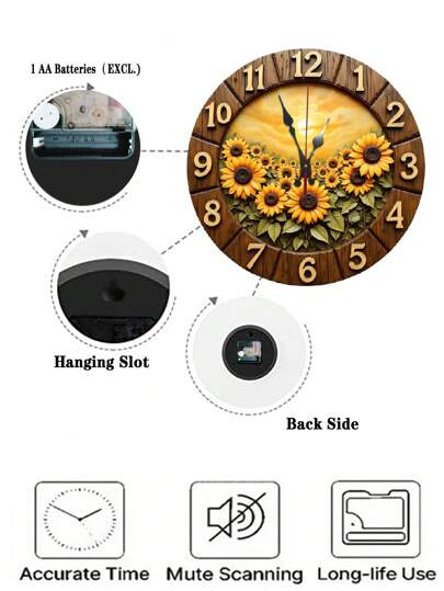 2D Flat Retro Sunflower Wooden Wand Klok Silent Quartz Movement, Vibrant Bloemen ,Wood Round Living Room, Kitchen, Dorm (AA Battery Not Included), Room Movement Home view 3