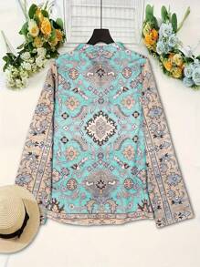 Women's Casual Western Floral Print Long Sleeve Blouse, Commuter-Friendly
