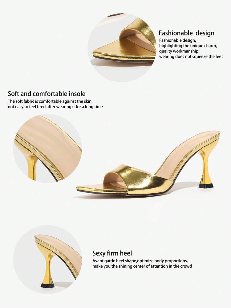 Jin Bei Qi Mules de Salto Alto Bico Fino Femininas, Superfície Espelhada Brilhante, Tecido Colorido, Sapatos Formais da Moda para Festa, Ao Ar Livre, Casamento, Primavera/Verão - Dourado - Visão 5