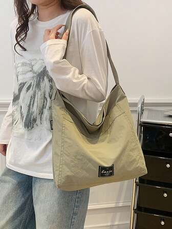 1pc Solid Color Large Capacity Letter Pattern Fashionable Minimalistic Loose Style Canvas Tote Bag, Shoulder Handbag For Outdoor, Commute