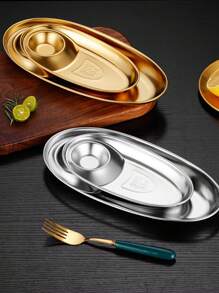 7.8/10.8 Inch (Approx. 20/27.5cm) Stainless Steel 304 Divided Snack Plate Set, Sushi Plate With Sauce Compartment, Suitable For Dipping Sauce, Dumplings, Appetizers, Tacos, Sushi, Fried Chicken
