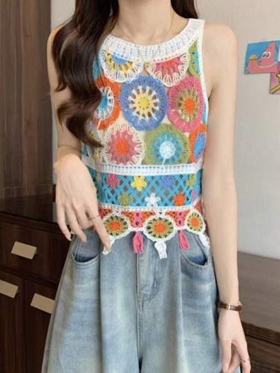 Colete de malha feminino elegante, retrô, estilo retrô, contraste de cores, com franjas