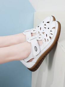Damen Outdoor-Sandalen, einfarbige lässige vintage Sportssandalen aus PU-Leder mit Klettverschluss, für Frühling/Sommer