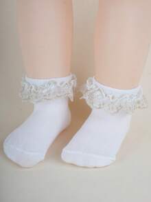 6 双白色蕾丝边袜子，透气柔软甜美时尚四季袜，学院风女婴舞蹈袜 - 白色 - 查看 6