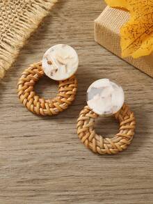 1 Pair Minimalist Handmade Rattan Circular Earrings, Suitable For Women's Daily Wear - Light Brown - View 4