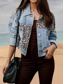 Women's Washed Blue Long Sleeved Denim Jacket, Worn Denim Jacket, Leopard Print Patchwork Short Jacket Top, Women's Clothing - Màu xanh lam - Xem 5