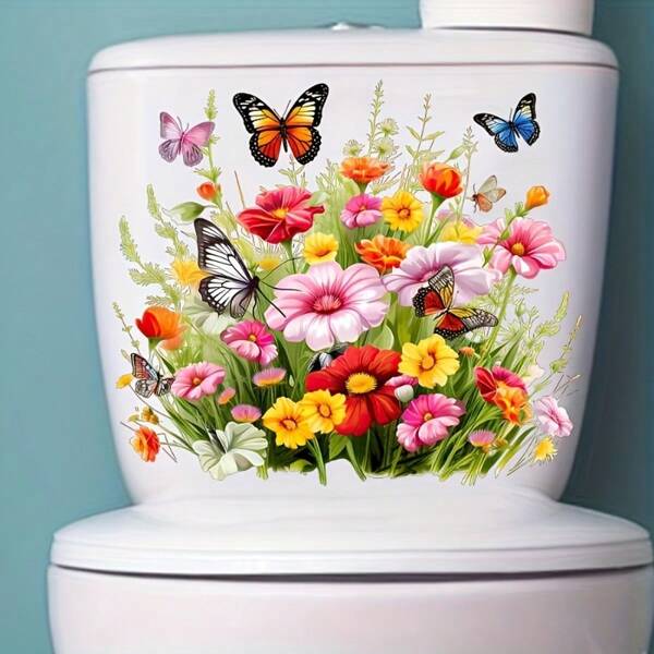 1pc Flowers And Butterflies Toilet Seat Sticker - Removable And Reusable PVC Sticker For Bathroom, Bathtub, Toilet, Multi-Purpose Wall Art Home Decoration Sticker