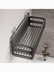 1pc Iron Storage Rack With Hook, Multifunctional Black No Perforation Wall Mounted Corner Storage Rack For Bathroom