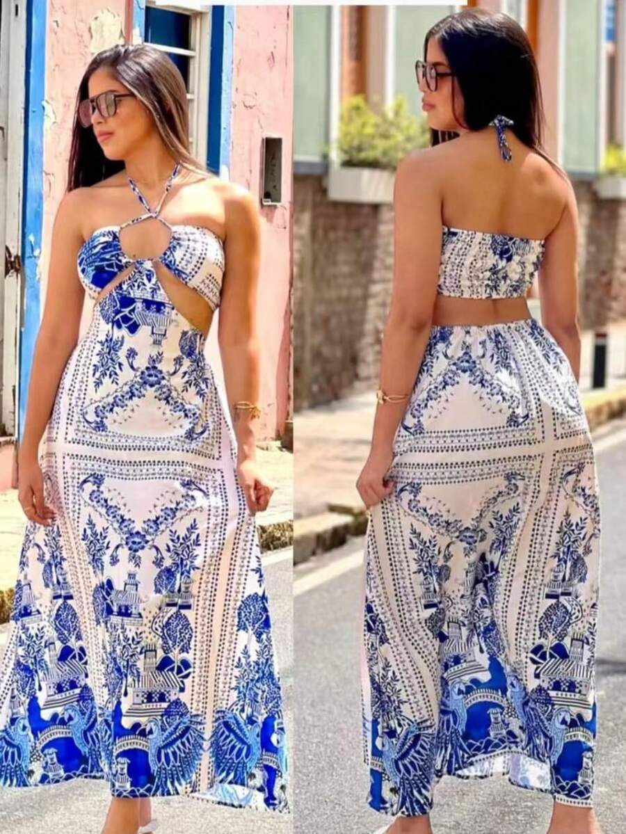 Women's Long Dress Floral Print Dress Summer 2025 Fashion Floral Tropical Dress H-10 - Xanh đậm - Xem 1