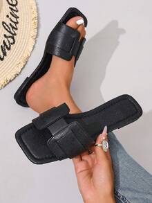 新款春夏时尚 H 型凉鞋，女士休闲罗马风格一脚蹬拖鞋，黑色/米色/棕色平底舒适凉鞋，浮雕沙漠钥匙设计，水钻厚底坡跟凉鞋，简约室内/室外拖鞋，鳄鱼纹平带金属装饰夏季凉鞋 - 黑色 - 查看 2