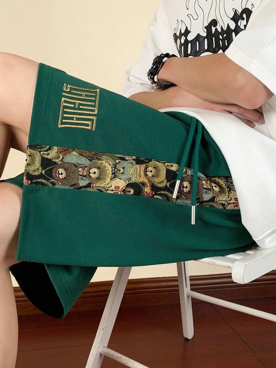 男士时尚宽松休闲刺绣熊沙滩短裤，夏季