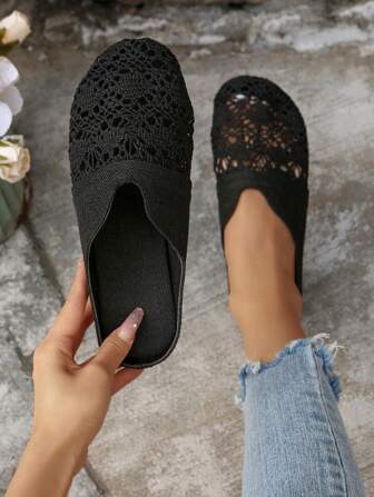 Fall/Winter Women's Lace Hollow-Out Flat Shoes, Comfortable Linen Casual Mule Sandals For Summer
