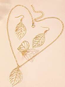 4pcs/Set Simple Alloy Hollow Creative Leaf Pendant Earrings, Necklace, Ring Combination Jewelry Set, Women's Daily Casual Wear Fashion Jewelry Set - Yellow Gold - View 4