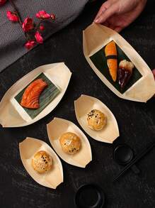 50/100 piezas de bandejas de barco de madera desechables, mini barcos de comida, bandejas de hoja de plato frío para sushi, bolas de tentáculo japonés, alas de pollo frito, tazones de madera para donas, cajas para llevar sashimi, platos para tartas de cumpleaños, adecuado para catering/uso familiar/camping/fiestas