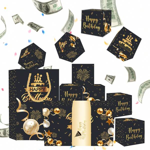 Scatola regalo sorpresa di alta qualità con maniglia, di colore rosa, oro e nero, ideale per decorazioni festa di compleanno