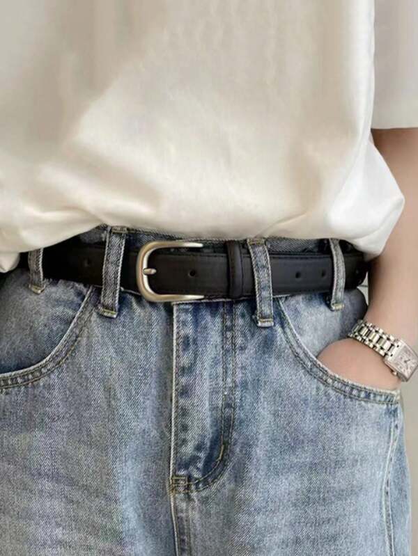 1 pieza Cinturón casual ajustable de piel de poliuretano negro y café, diseño minimalista de moda apto para uso diario, escuela