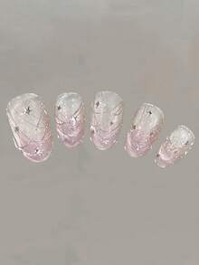 10 件/套渐变猫眼椭圆形流苏星形指甲贴，可爱粉色和紫色，手工制作可重复使用的按压式指甲，适合日常生活和节日，送给她的礼物美甲用品 - 粉色 - 查看 3