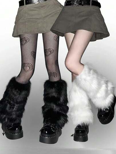 1 Pair Of Y2K Plush Leg Warmers - Japanese JK Style, Solid Color, Hand Wash Only, Fashionable Women's Leg Covers, Fashionable Accessories | Vibrant Appearance | Fluffy Appearance, Comfortable Socks