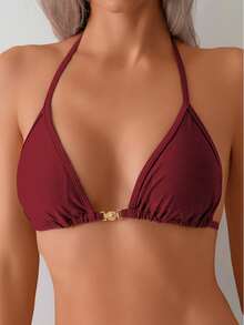 New Solid Color Chain Decor Sexy High Stretch Shiny Fabric Halter Women Swimsuit Set