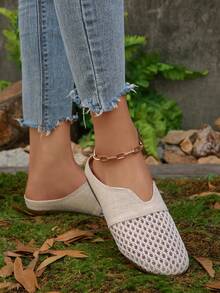 女士蕾丝镂空平底穆勒凉鞋，舒适亚麻休闲露背拖鞋，夏季 - 米色 - 查看 7