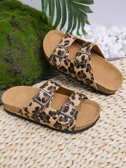 1pair Kids' Fashion Leopard Print PU Buckle Design Anti-Slip Cork Flat Sandals, Open-Toe, Suitable For Summer