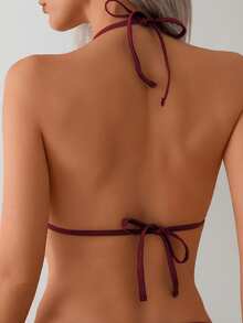 New Solid Color Chain Decor Sexy High Stretch Shiny Fabric Halter Women Swimsuit Set