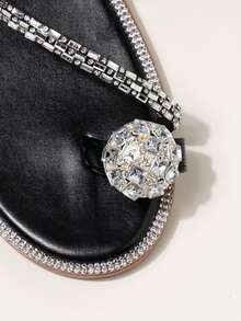 Girl's Summer New Rhinestone Decor Thong Sandals, Black Strap Roman Style Soft Flat Slip-On Sandals - Black - View 6