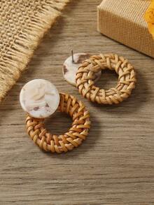 1 Pair Minimalist Handmade Rattan Circular Earrings, Suitable For Women's Daily Wear - Light Brown - View 2