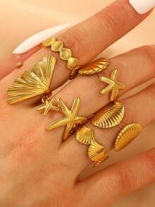 6 Styles Of Fresh Starfish Shell Marine Element Vacation Beach Stainless Steel Ladies' Open Rings - Gold - View 2