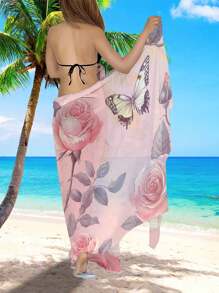 1pc Butterfly & Flower Print Beach Shawl, Decorative Beach Wrap, Swimsuit Cover Up, Semi-Transparent Elegant Multifunctional Beach Dress, Chiffon Material, For Beach Shirt