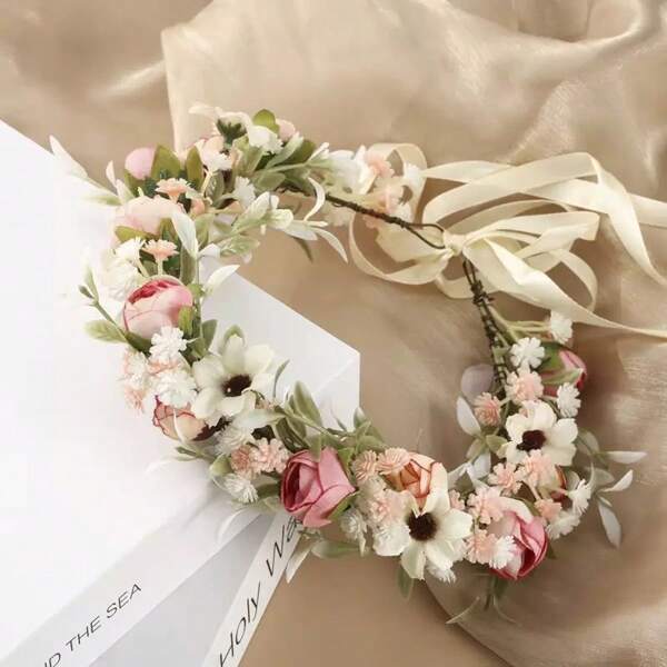 1pc Pink Rose Flower Wreath, Elegant & Romantic Tiara Hair Garland Hair Circlet Hair Vine