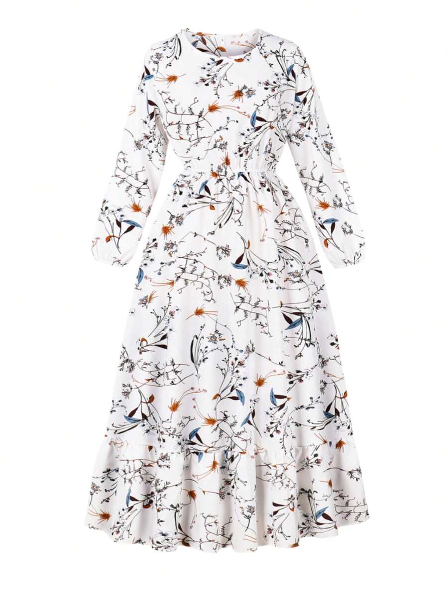 印花长袖圆领休闲套头衫腰带度假连衣裙，春秋季优雅白色 - 白色 - 查看 1