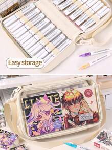 1pc Marker Pens Storage Bag Pencil Case Transparent Front Multi Slots Easy Carry-On Handle, Large Capacity For 64 Brush Marker Pens, School Student Art Supplies