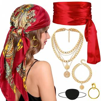 Set de 5 accesorii pentru costum de pirat, include pălărie de pirat pentru femei, eșarfă de pirat, curea de pirat, atașament pentru salopetă, Halloween multicolor