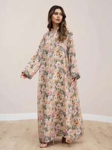 1pc Women's Traditional Arabic Style Chiffon Print Lightweight Breathable Bell Sleeve Dress, Middle East Jalabiya Dress