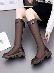 加大码 43 夏季女士过膝靴，春季薄款透气性感厚底靴，高帮皮革网眼马靴