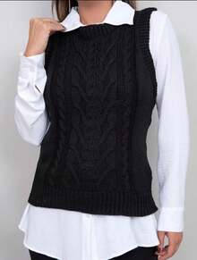 Women's Knitted Vest Braids Sweater Winter Elegant Women Fashion Tank Top Max Vest Simple Casual Knitted Cable Stitch - 黑色 - 查看 1