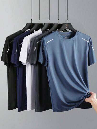5pcs Quick Dry Breathable Men Trekking Fishing T-Shirt Soft Elastic Outdoor Sport Short Sleeve Shirts, Summer