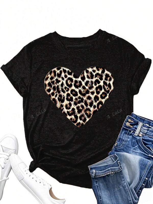 Plus Size Tops Dameskleding Hartpatroon Print Korte Mouwen T-shirt Grafische T-shirts Dames Tops Zomeroutfits