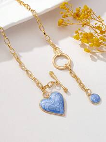 1pc Fashionable 3D Alloy Oil Coated Convex Red Heart & Gold Water Drop Pendant Necklace - Baby Blue - View 3