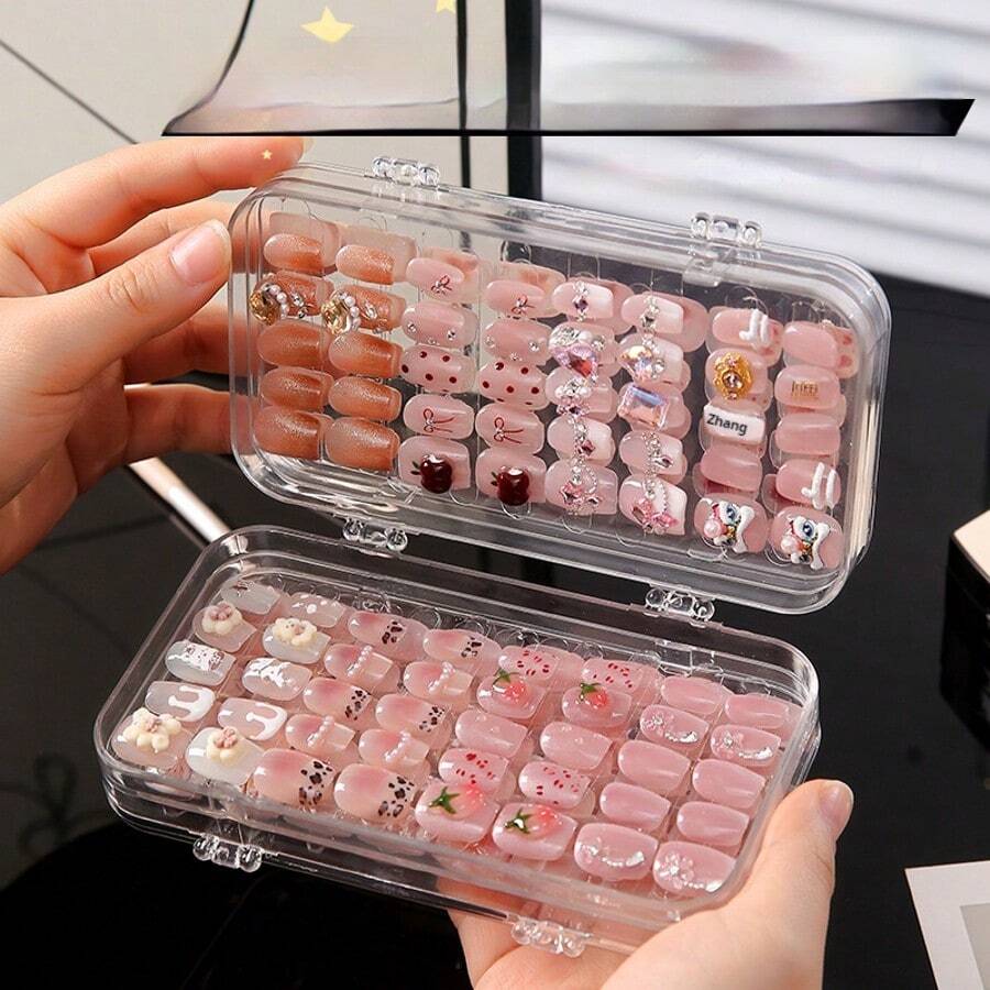 1 pieza Caja de exhibición portátil para salón de uñas, caja de almacenamiento de 3 capas y 3 pliegues transparente para uñas y joyas, adecuada para guardar uñas, aretes, anillos y diversas joyas pequeñas, con cinta adhesiva - Multicolor - Ver 1