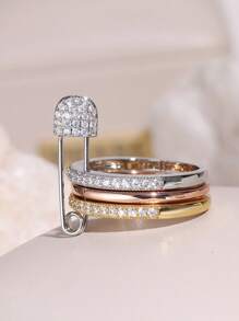 1 pezzo Anello da donna unico con design a 3 anelli e un singolo ago, decorato con zirconia cubica