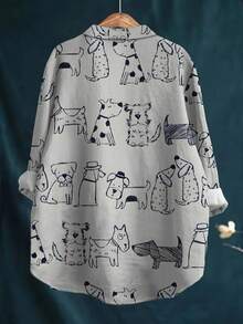 Women's Casual Cartoon Puppy Pattern Button-Up Shirt