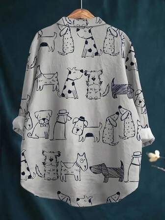 Women's Casual Cartoon Puppy Pattern Button-Up Shirt