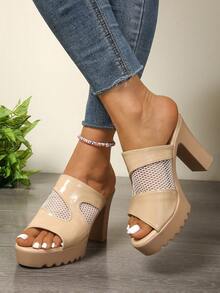 Solid Color, Chunky Heel, Fashionable Sexy High Heels - Solid Color, Sexy, Elegant, Fashionable, Forward, Business, Outdoor, Casual, Luxury Style, PU Leather, Mesh Panel, Suitable For Wedding, Party, Office, Outdoor, Home, All Seasons - Brown - View 1