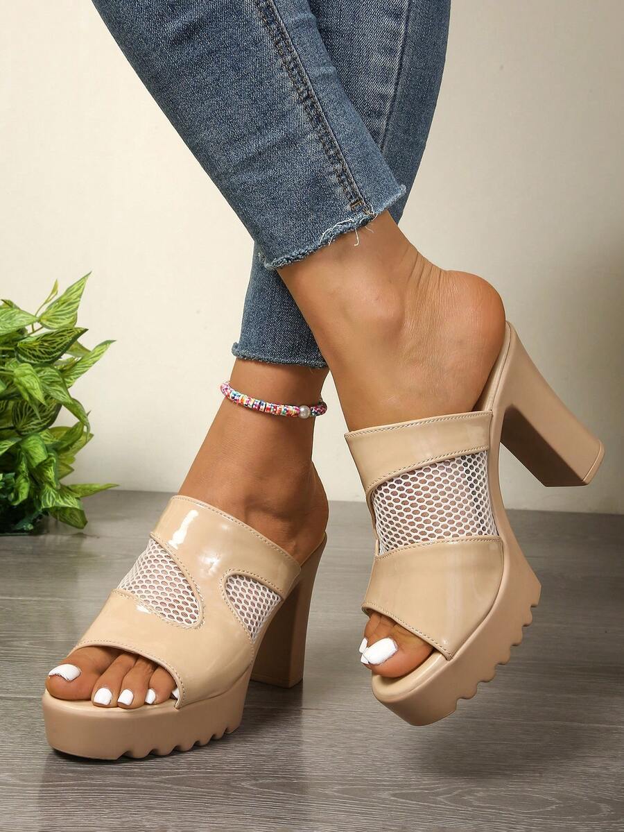 Solid Color, Chunky Heel, Fashionable Sexy High Heels - Solid Color, Sexy, Elegant, Fashionable, Forward, Business, Outdoor, Casual, Luxury Style, PU Leather, Mesh Panel, Suitable For Wedding, Party, Office, Outdoor, Home, All Seasons - Brown - View 1