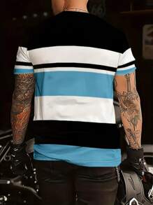 Camiseta casual de verano para hombres - a rayas en negro, blanco y azul, manga corta, cuello redondo, ligera y transpirable, ropa para exterior en primavera y verano, camiseta casual | Camisa casual deportiva | Camisa de ajuste cómodo