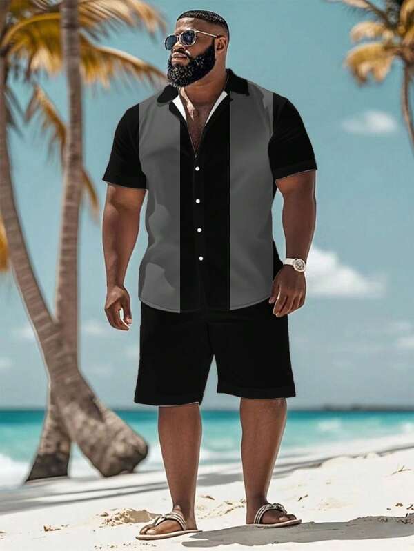 2pcs/Set Plus Size Men's Casual Printed Short Sleeve Shirt And Shorts, Minimalist Style For Daily Wear, Men's Shirt Set